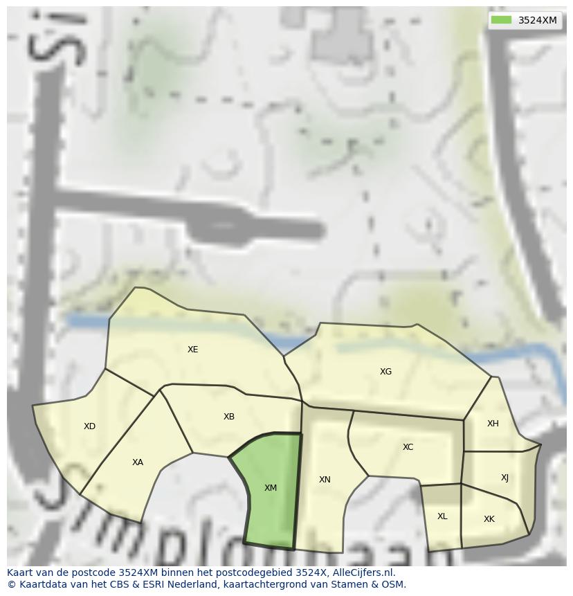 Afbeelding van het postcodegebied 3524 XM op de kaart.