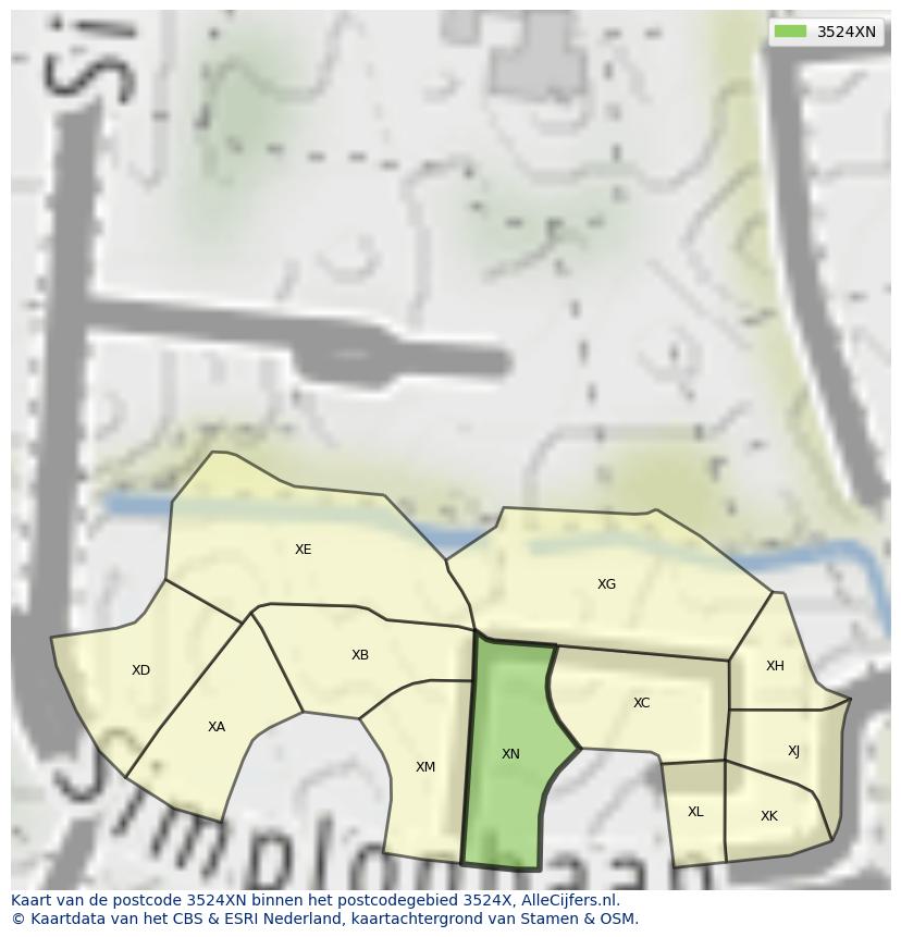 Afbeelding van het postcodegebied 3524 XN op de kaart.