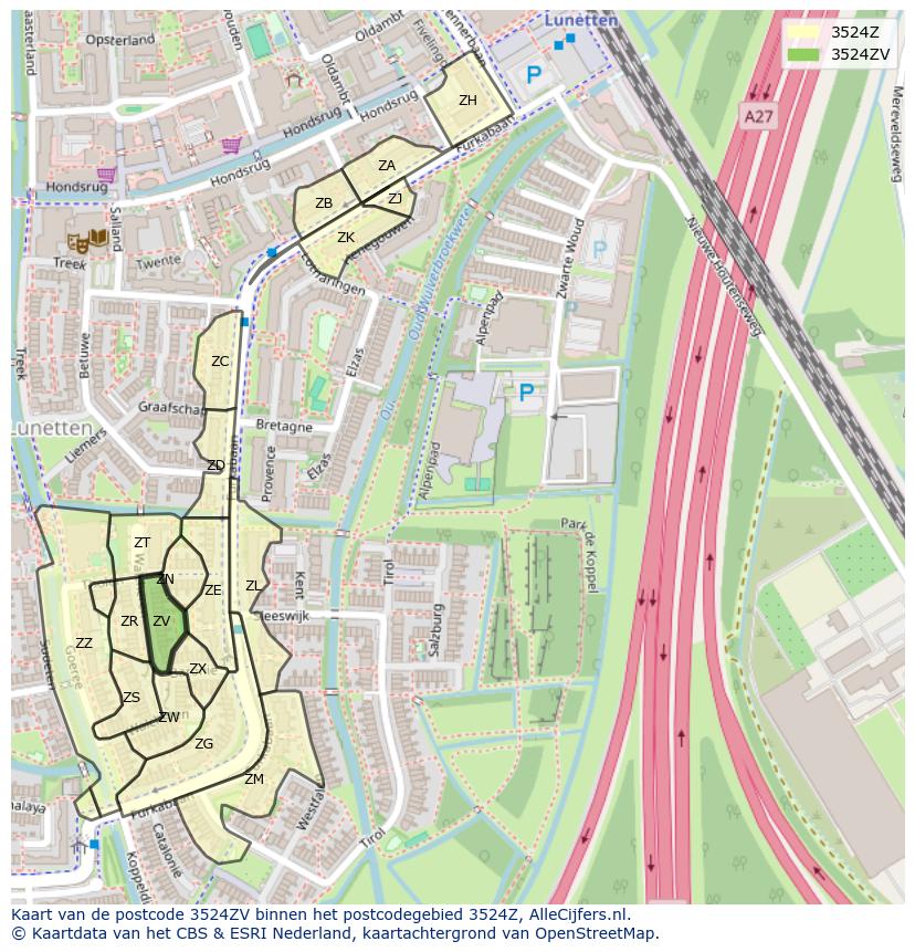 Afbeelding van het postcodegebied 3524 ZV op de kaart.