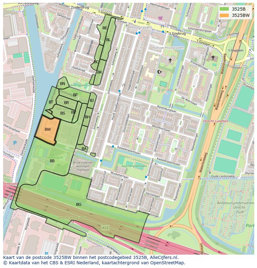 Afbeelding van het postcodegebied 3525 BW op de kaart.