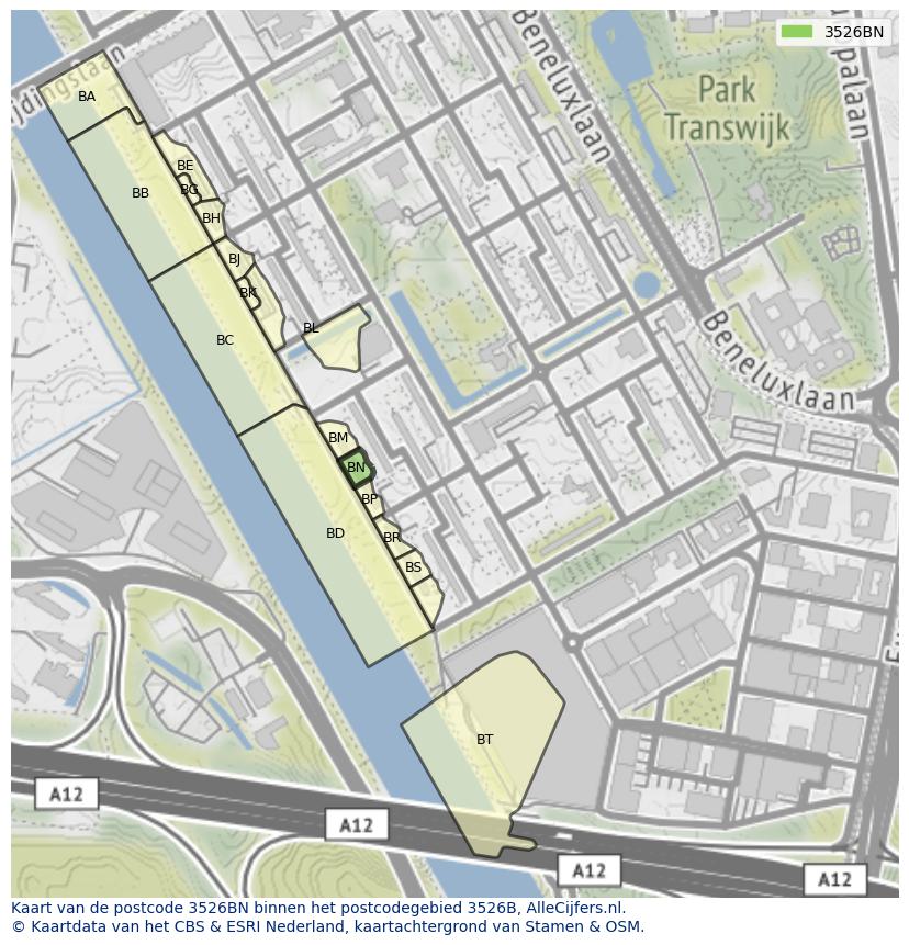 Afbeelding van het postcodegebied 3526 BN op de kaart.