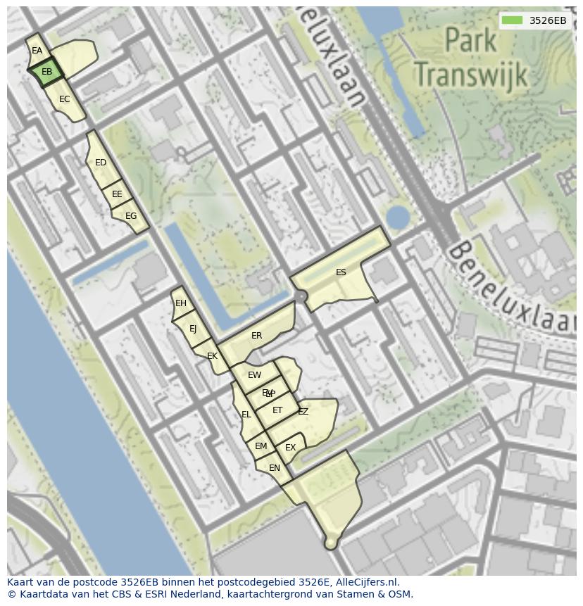 Afbeelding van het postcodegebied 3526 EB op de kaart.