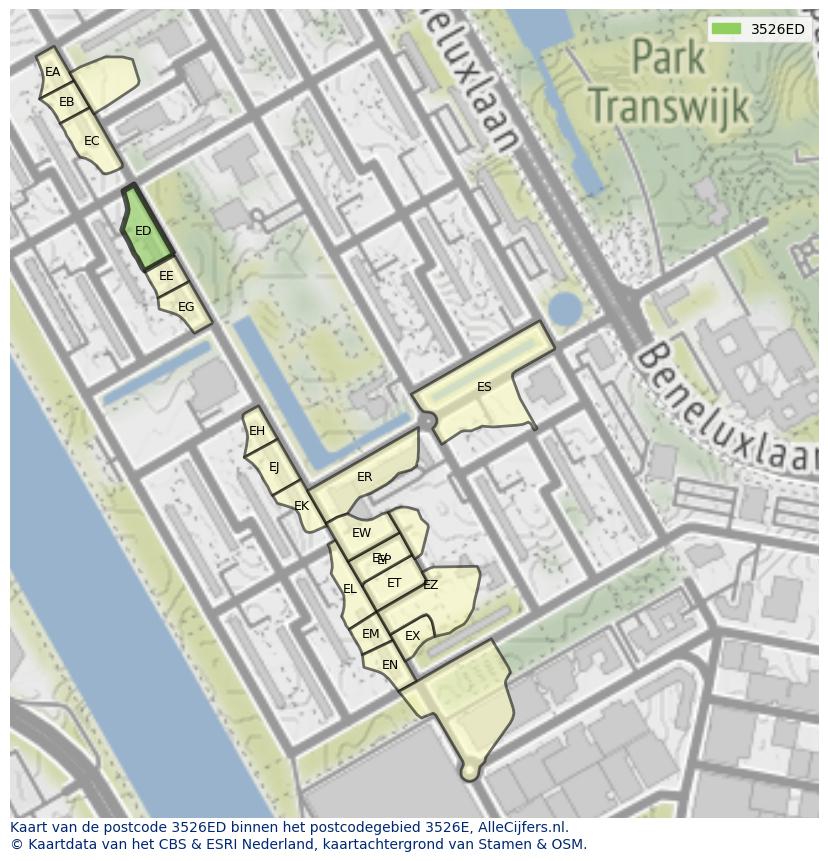 Afbeelding van het postcodegebied 3526 ED op de kaart.