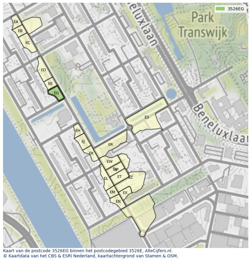 Afbeelding van het postcodegebied 3526 EG op de kaart.