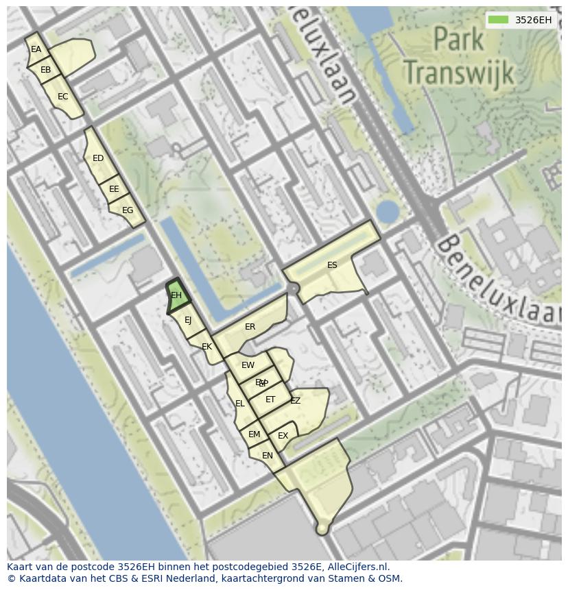 Afbeelding van het postcodegebied 3526 EH op de kaart.