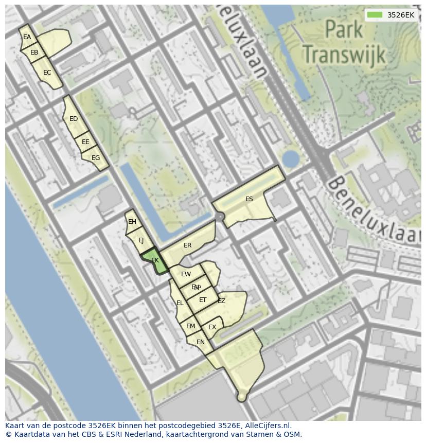 Afbeelding van het postcodegebied 3526 EK op de kaart.