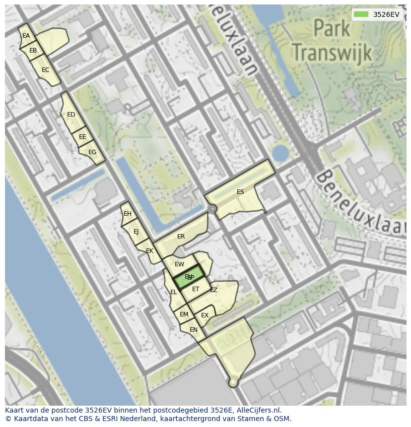 Afbeelding van het postcodegebied 3526 EV op de kaart.