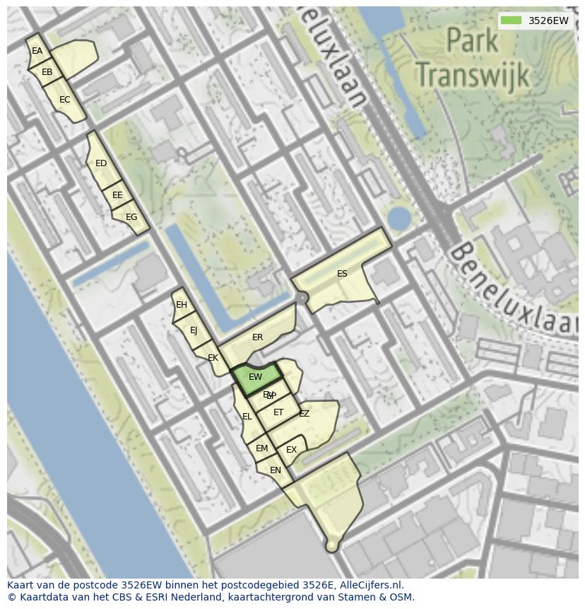 Afbeelding van het postcodegebied 3526 EW op de kaart.