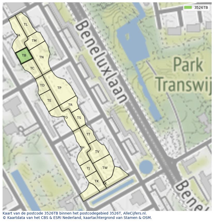 Afbeelding van het postcodegebied 3526 TB op de kaart.