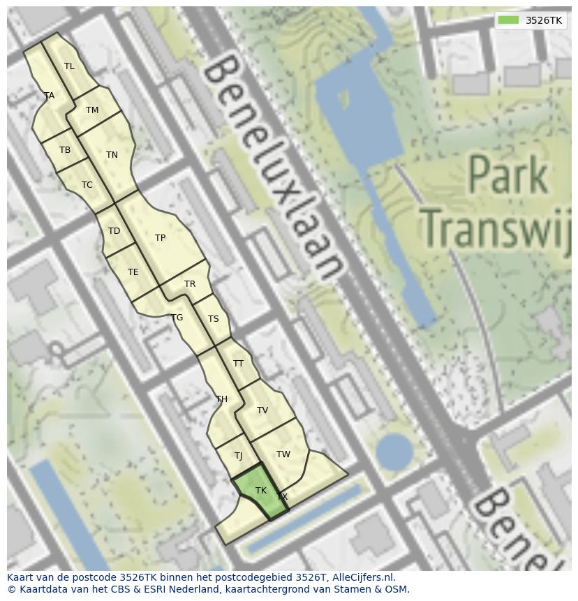 Afbeelding van het postcodegebied 3526 TK op de kaart.