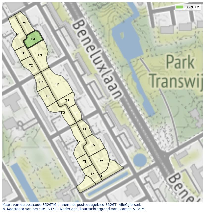 Afbeelding van het postcodegebied 3526 TM op de kaart.
