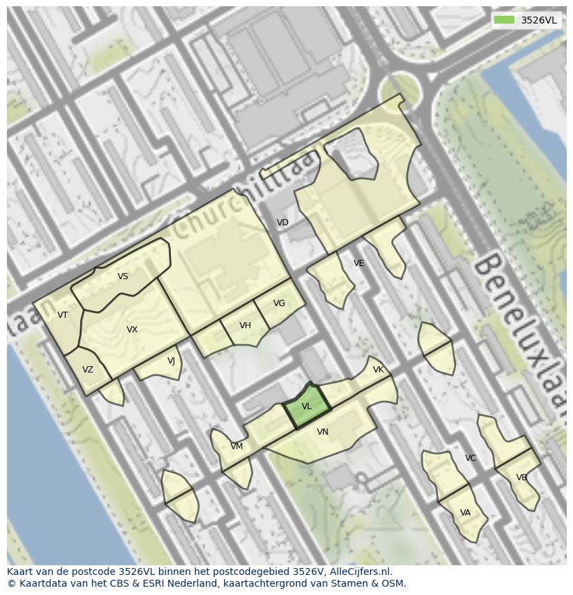 Afbeelding van het postcodegebied 3526 VL op de kaart.