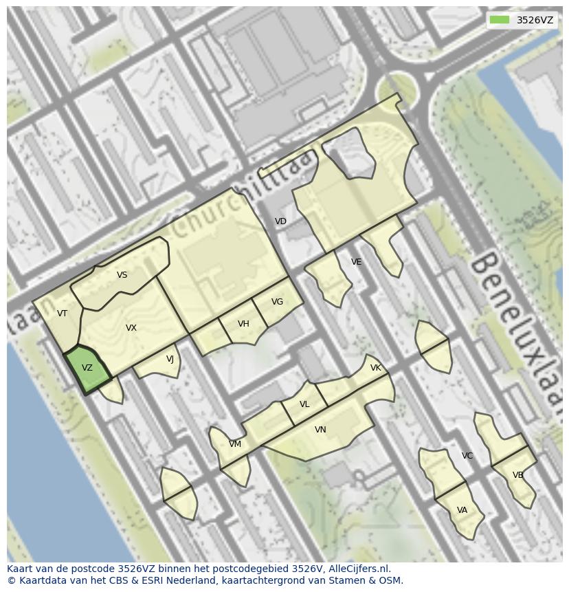 Afbeelding van het postcodegebied 3526 VZ op de kaart.