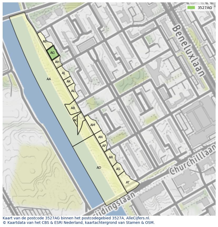 Afbeelding van het postcodegebied 3527 AG op de kaart.