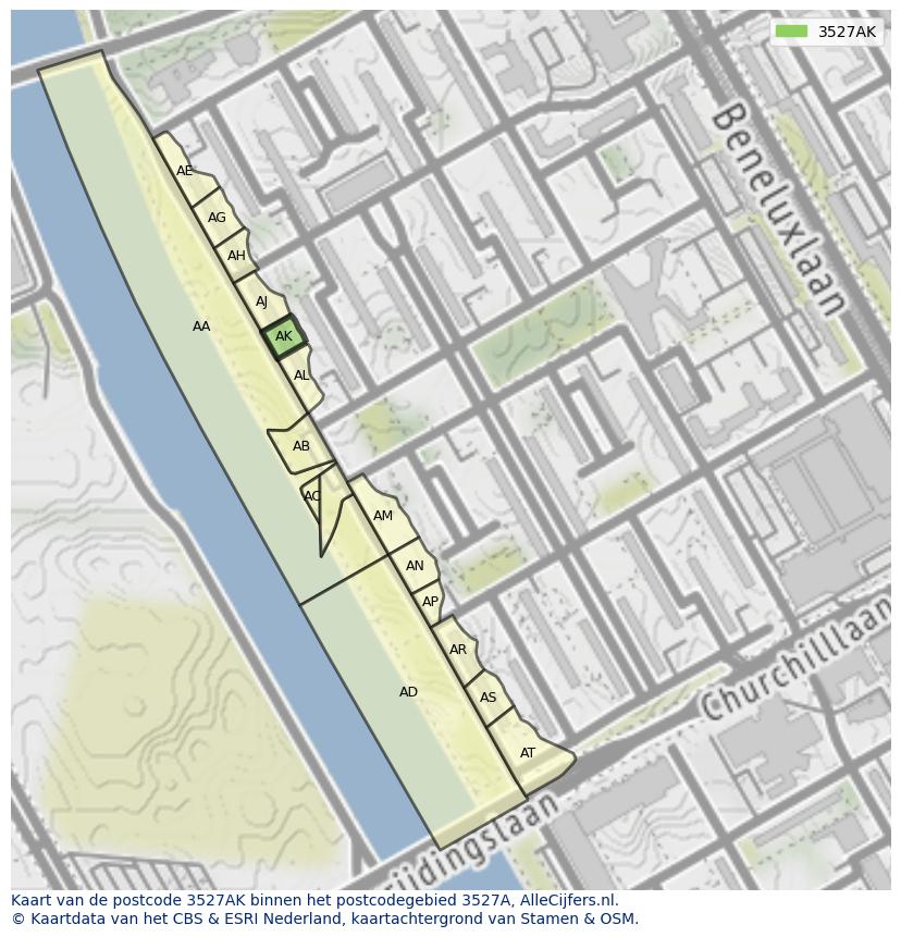 Afbeelding van het postcodegebied 3527 AK op de kaart.