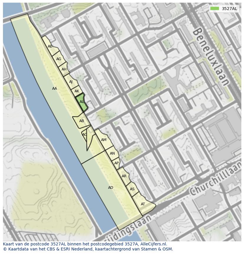 Afbeelding van het postcodegebied 3527 AL op de kaart.