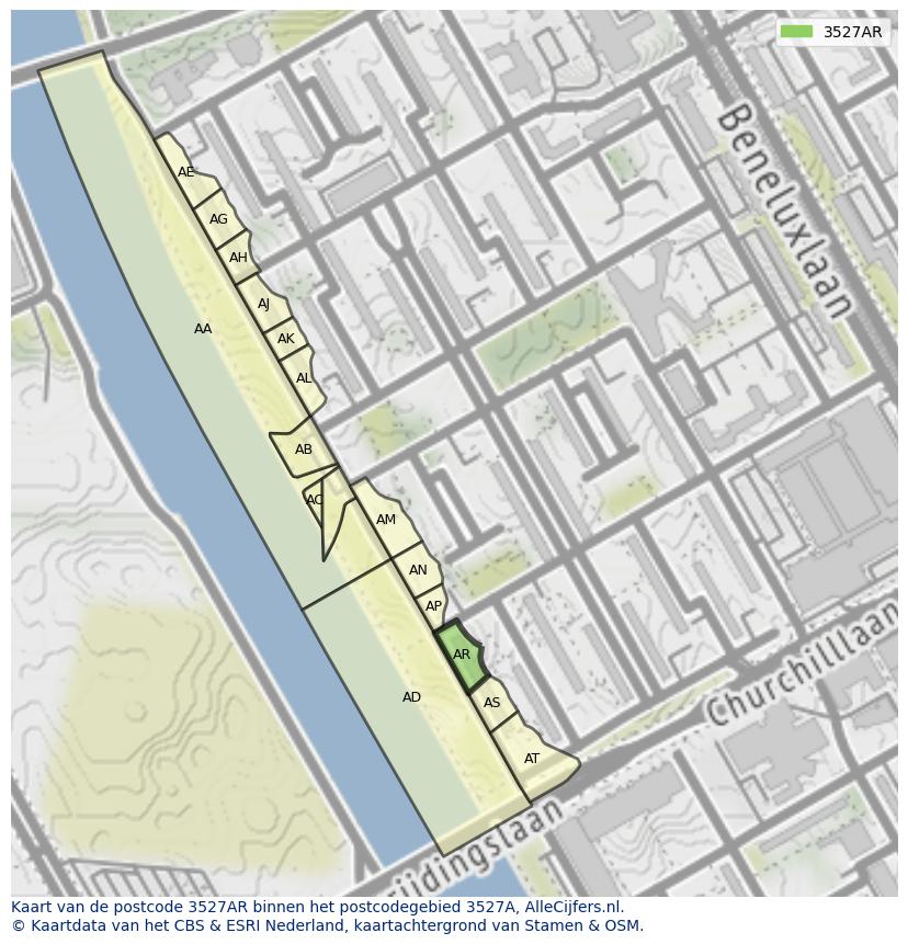 Afbeelding van het postcodegebied 3527 AR op de kaart.