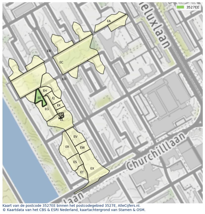 Afbeelding van het postcodegebied 3527 EE op de kaart.