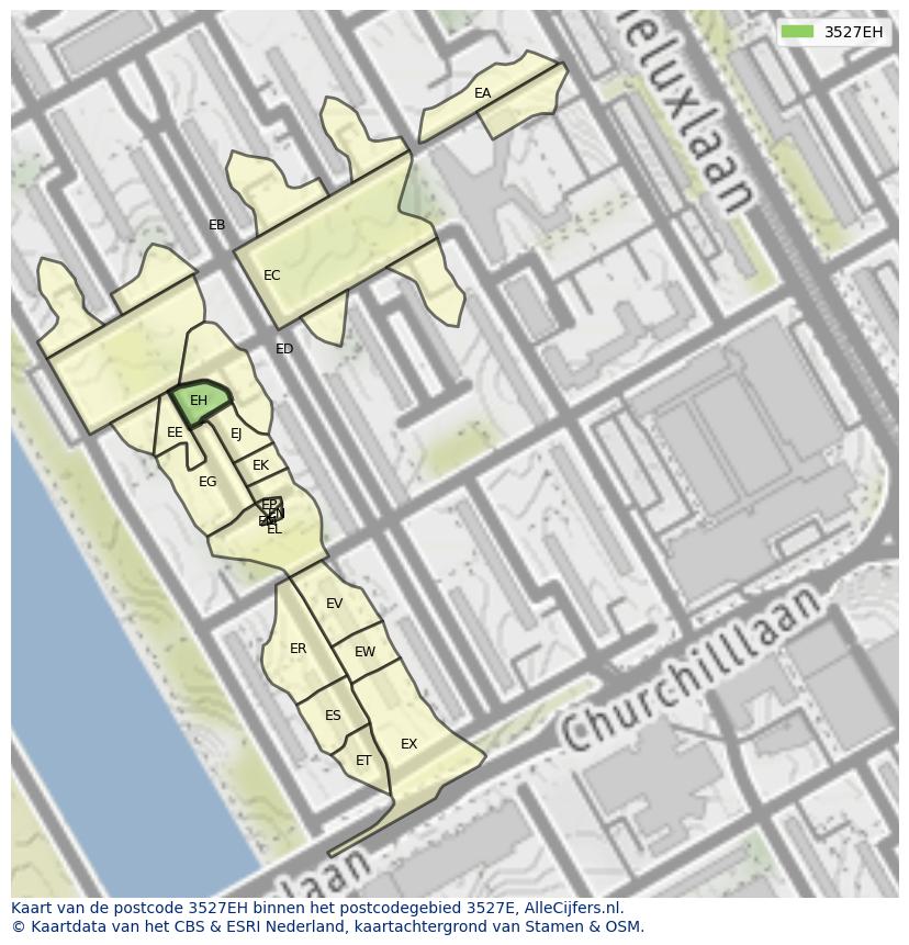 Afbeelding van het postcodegebied 3527 EH op de kaart.