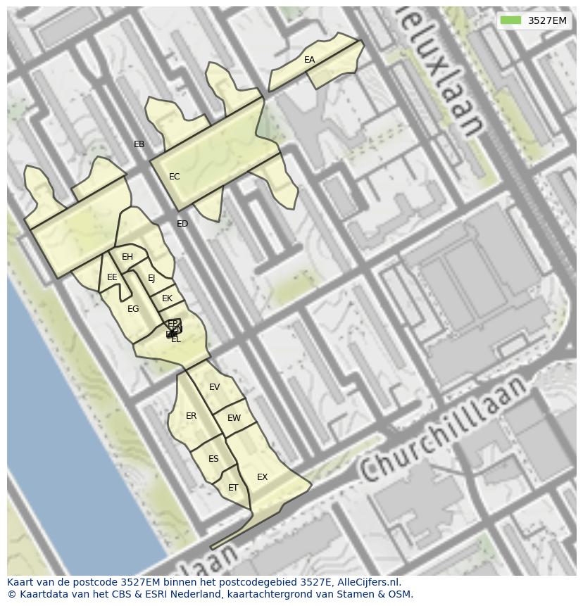 Afbeelding van het postcodegebied 3527 EM op de kaart.