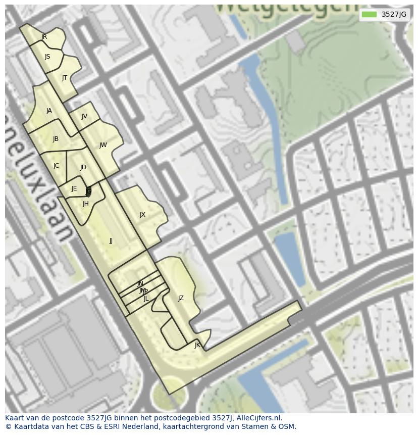 Afbeelding van het postcodegebied 3527 JG op de kaart.