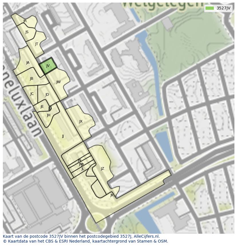 Afbeelding van het postcodegebied 3527 JV op de kaart.