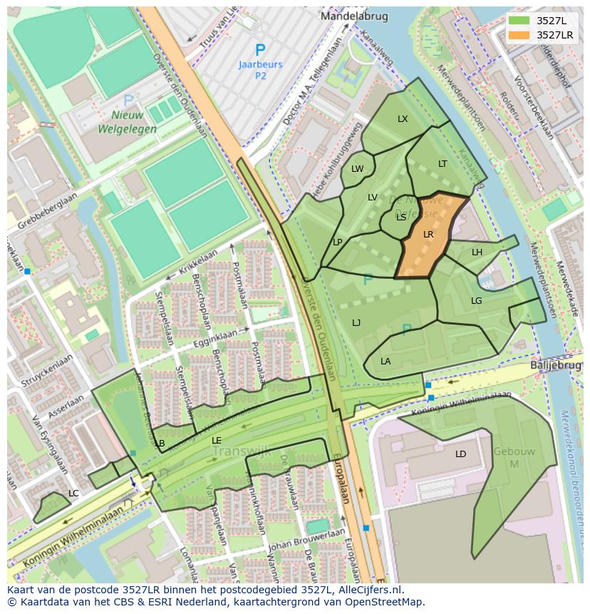 Afbeelding van het postcodegebied 3527 LR op de kaart.