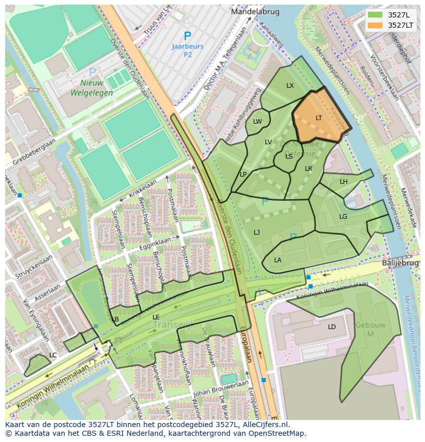 Afbeelding van het postcodegebied 3527 LT op de kaart.