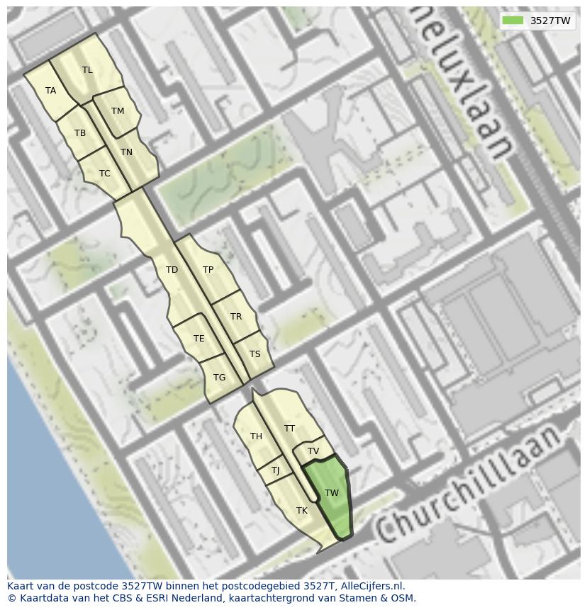 Afbeelding van het postcodegebied 3527 TW op de kaart.