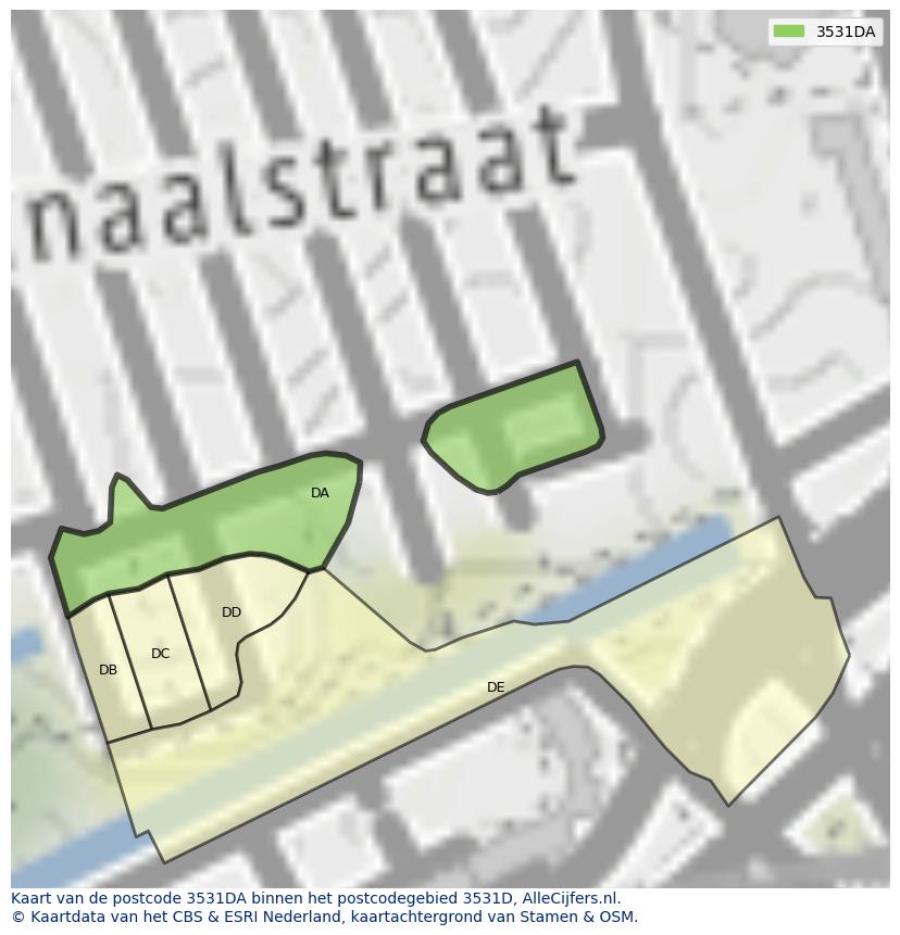 Afbeelding van het postcodegebied 3531 DA op de kaart.