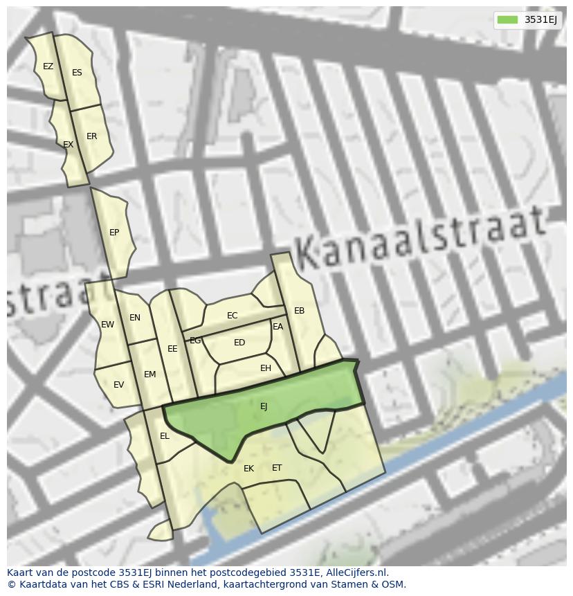 Afbeelding van het postcodegebied 3531 EJ op de kaart.