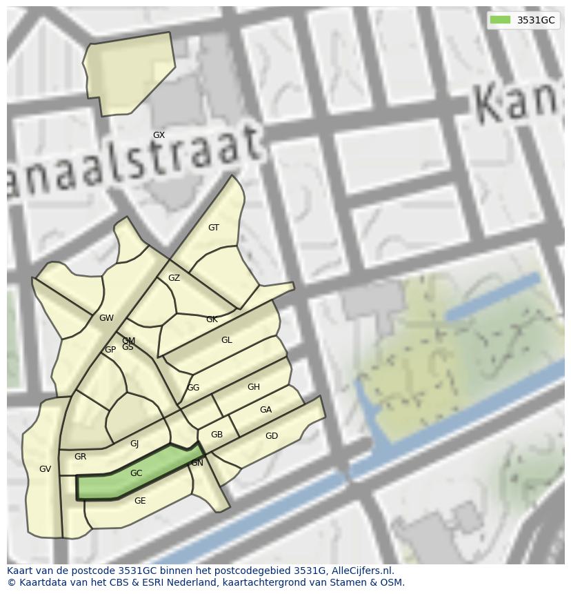 Afbeelding van het postcodegebied 3531 GC op de kaart.