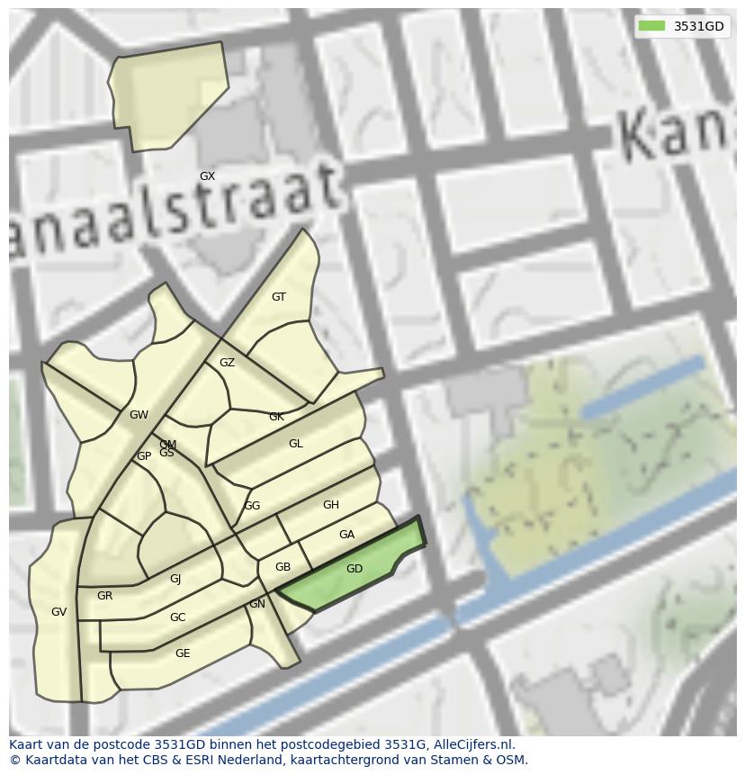 Afbeelding van het postcodegebied 3531 GD op de kaart.