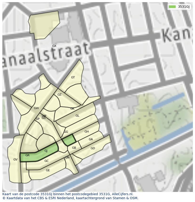 Afbeelding van het postcodegebied 3531 GJ op de kaart.