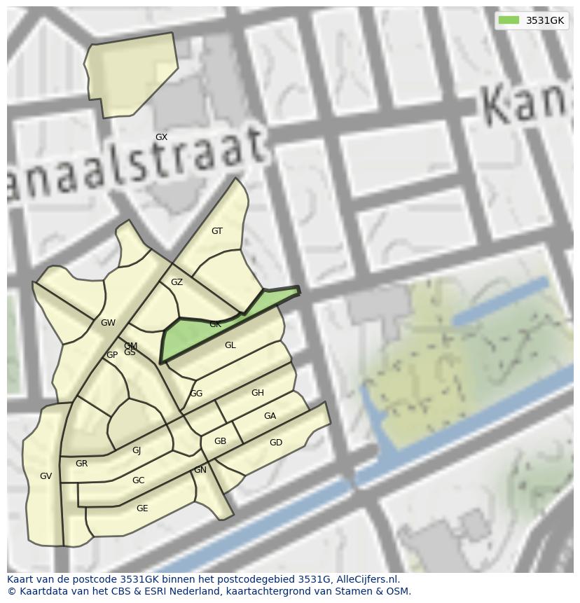Afbeelding van het postcodegebied 3531 GK op de kaart.