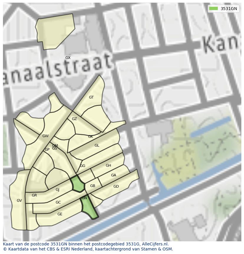 Afbeelding van het postcodegebied 3531 GN op de kaart.