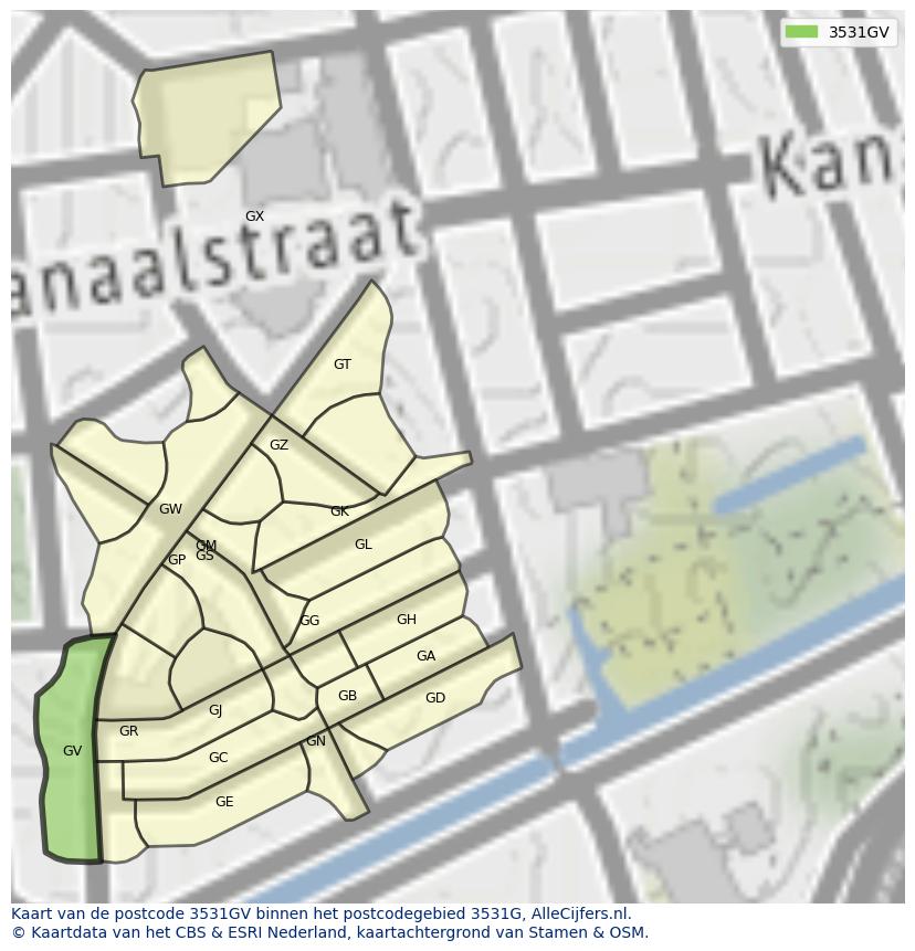 Afbeelding van het postcodegebied 3531 GV op de kaart.