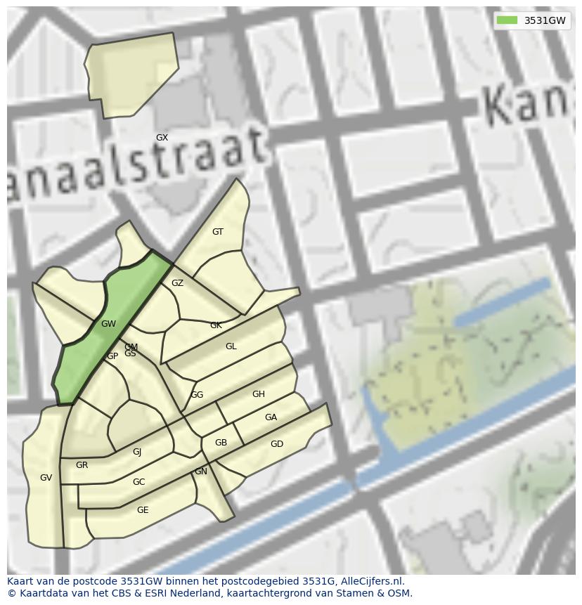 Afbeelding van het postcodegebied 3531 GW op de kaart.
