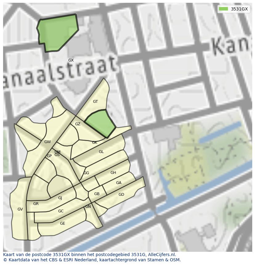 Afbeelding van het postcodegebied 3531 GX op de kaart.