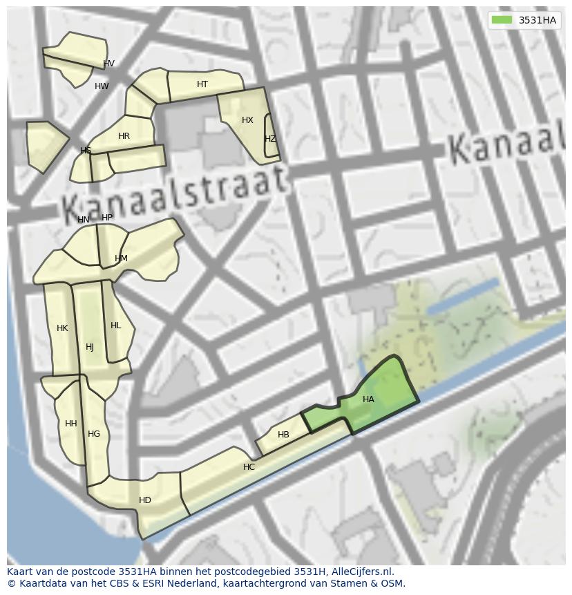 Afbeelding van het postcodegebied 3531 HA op de kaart.
