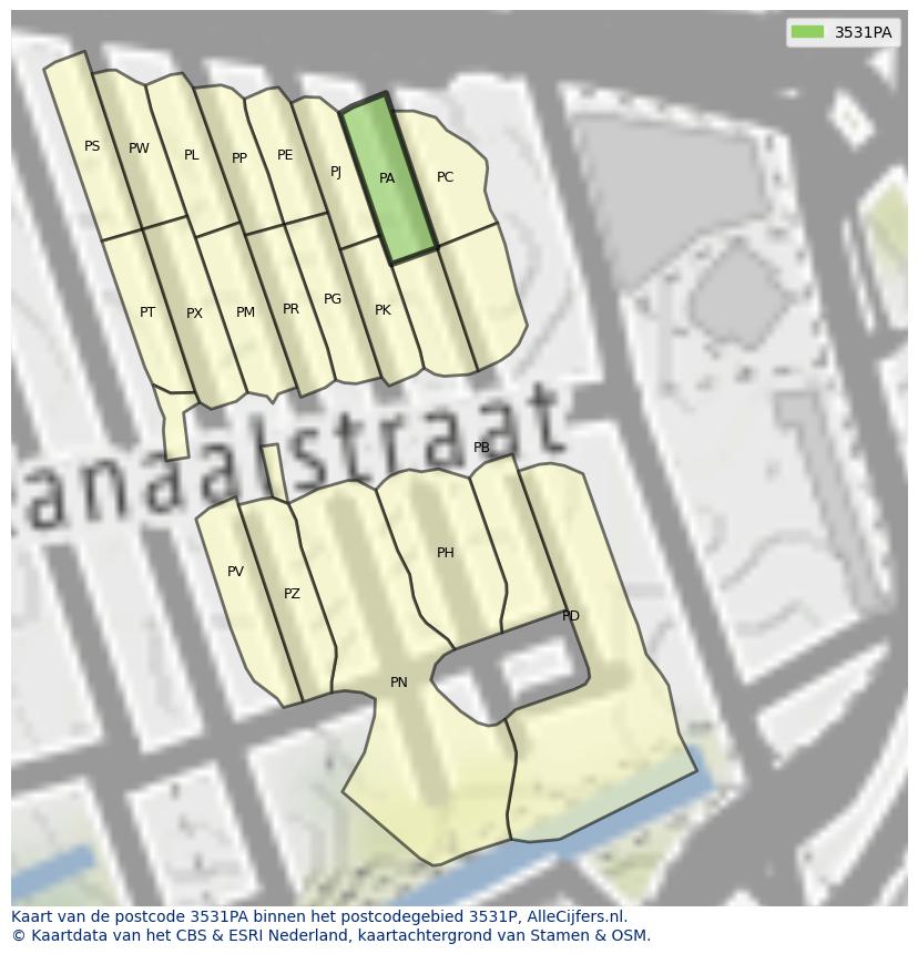 Afbeelding van het postcodegebied 3531 PA op de kaart.