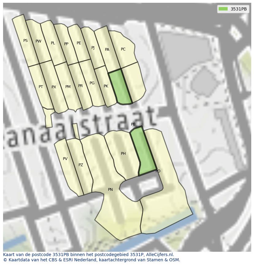 Afbeelding van het postcodegebied 3531 PB op de kaart.