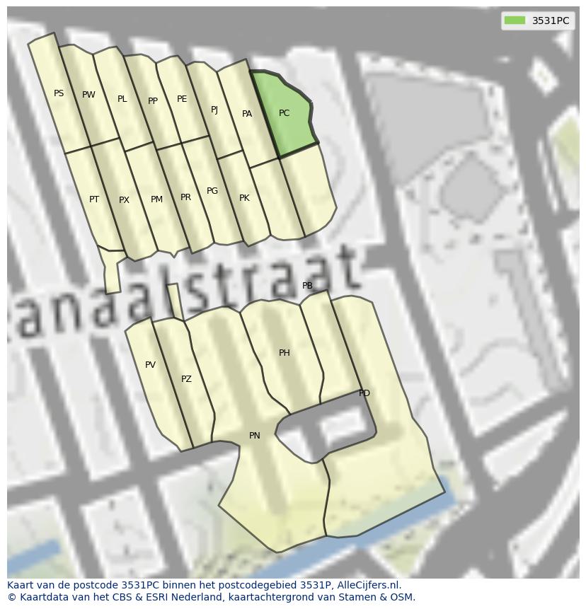 Afbeelding van het postcodegebied 3531 PC op de kaart.