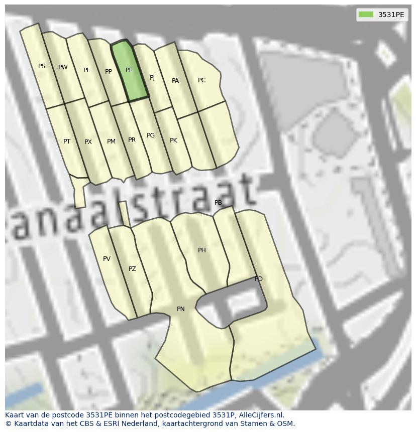 Afbeelding van het postcodegebied 3531 PE op de kaart.