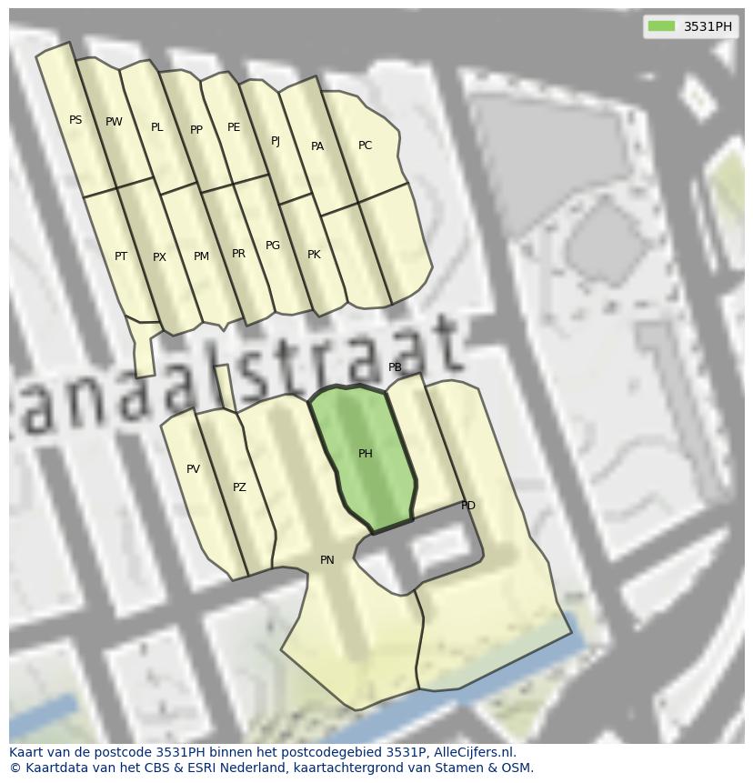 Afbeelding van het postcodegebied 3531 PH op de kaart.