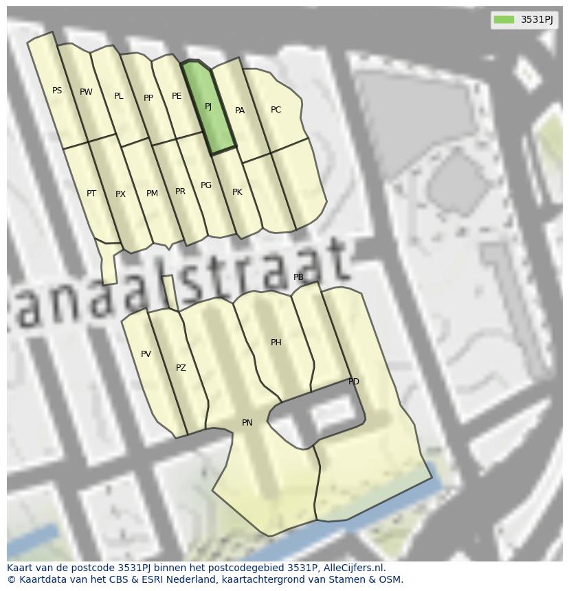 Afbeelding van het postcodegebied 3531 PJ op de kaart.