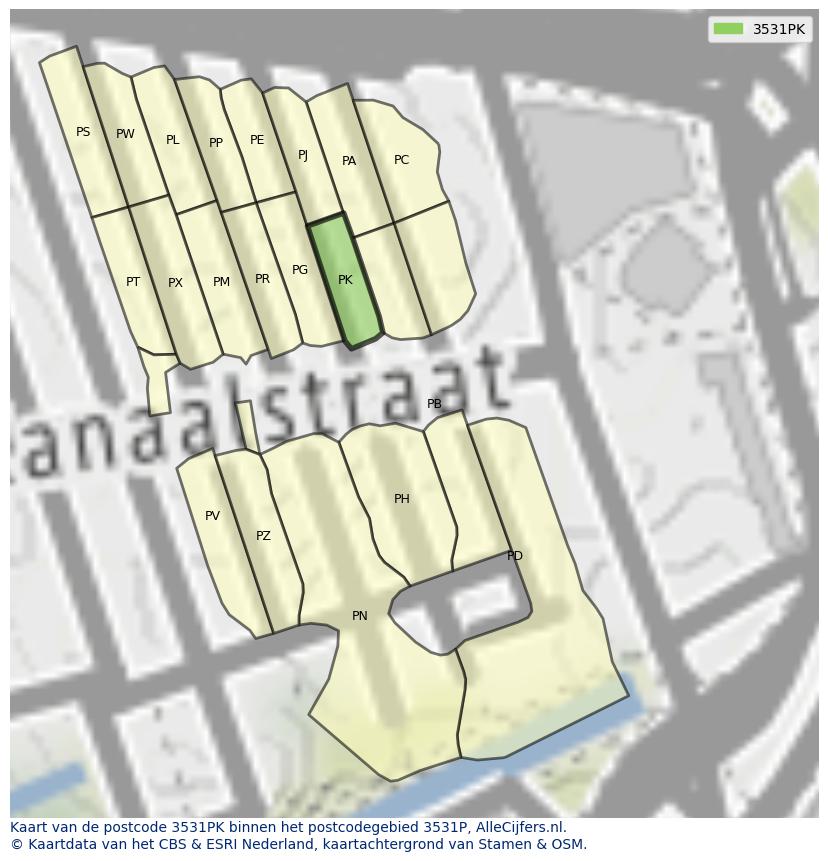 Afbeelding van het postcodegebied 3531 PK op de kaart.