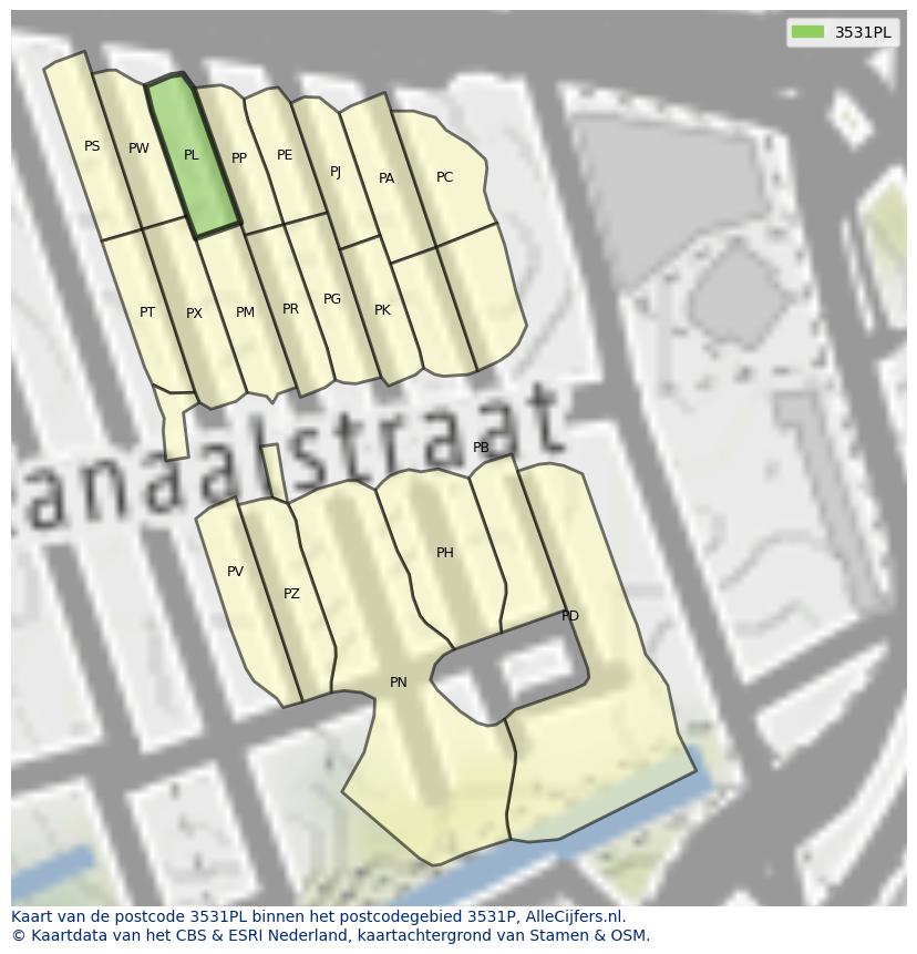 Afbeelding van het postcodegebied 3531 PL op de kaart.