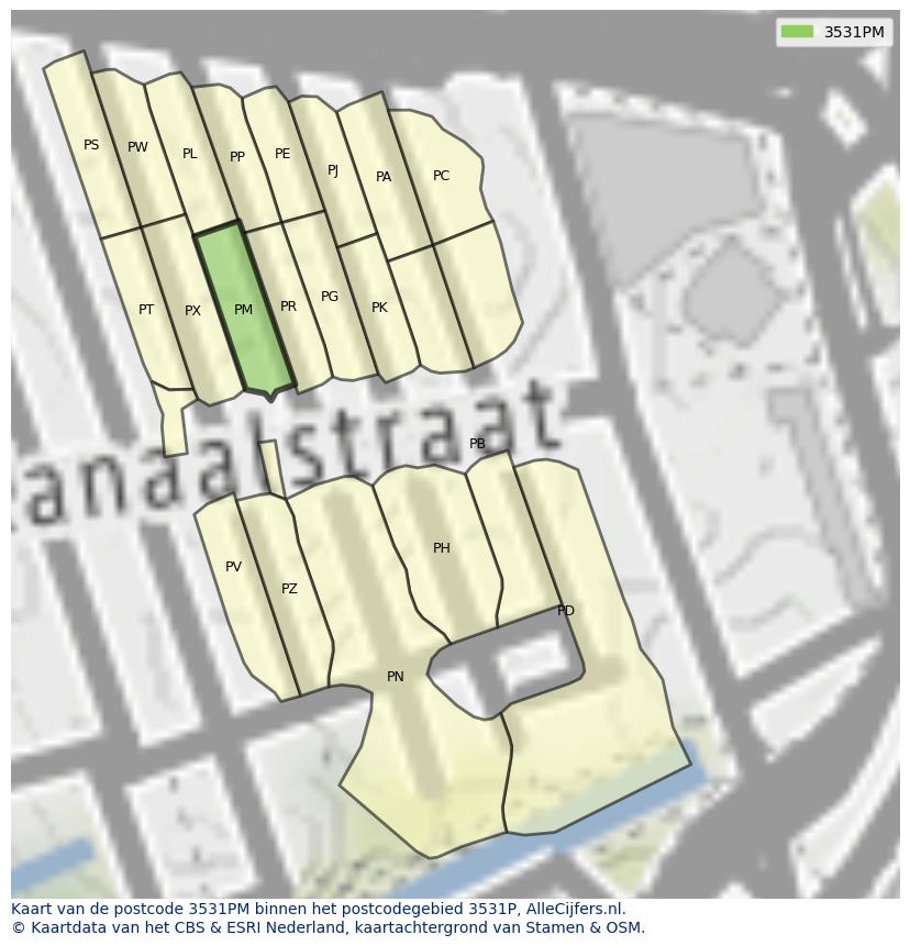 Afbeelding van het postcodegebied 3531 PM op de kaart.