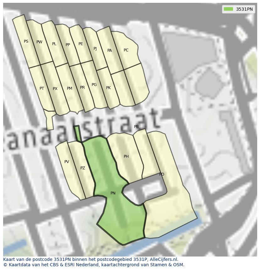 Afbeelding van het postcodegebied 3531 PN op de kaart.